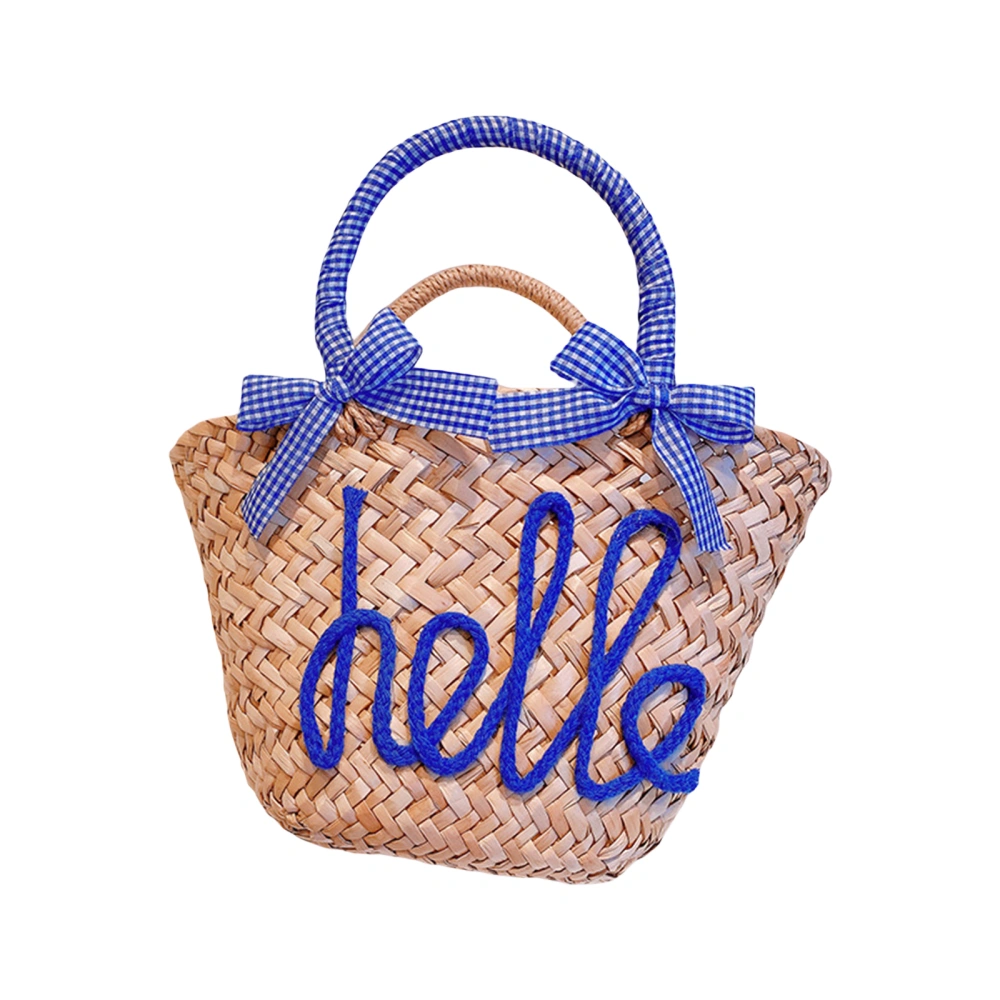 Women Straw Tote Bag Plaid Print Bow Letter Handmade Woven Handbag