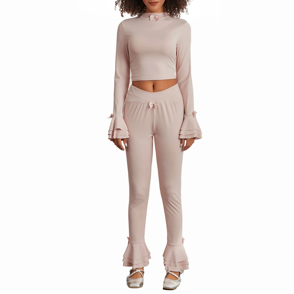 Women 2 Piece Outfitscrop Long Sleeves T-Shirt and Skinny Pants Set