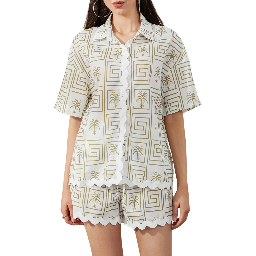 Women Casual 2 Piece Outfits Geometric Print Shirt + Loose Shorts Set