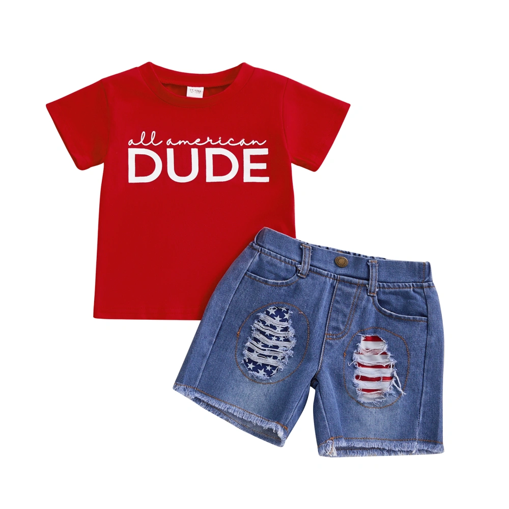 Boys Memorial Day Outfits Letter Print T-Shirt and Ripped Denim Shorts