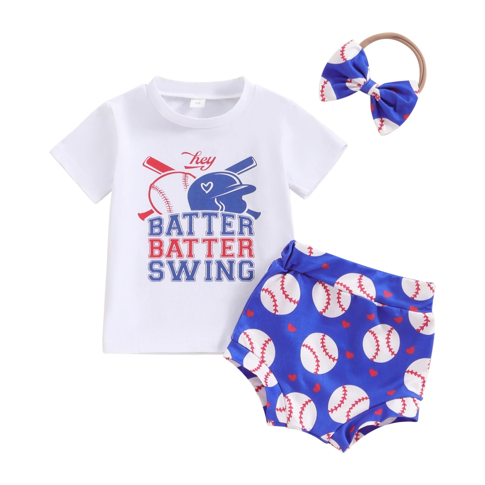 Baby Girl Set, Baseball Print Short Sleeve Tops Shorts Bow Headband 