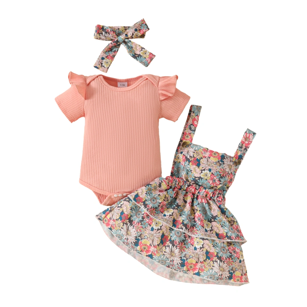 Girls Summer Outfit Ribbed Rompers and Floral Suspender Skirt Headband