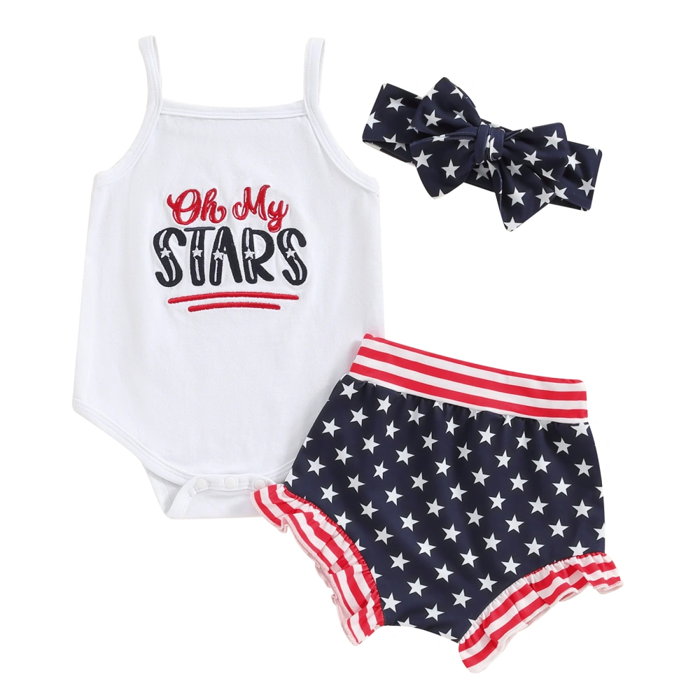 Baby Girl 4th of July Outfit Cami Romper with Star Shorts Headband