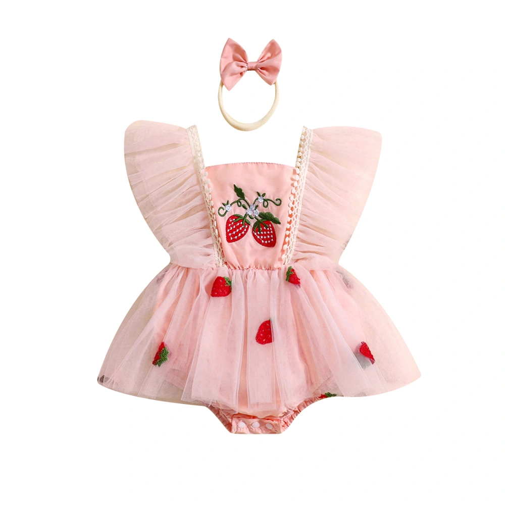 Baby Romper Dress Strawberry Embroidery Romper with Headband