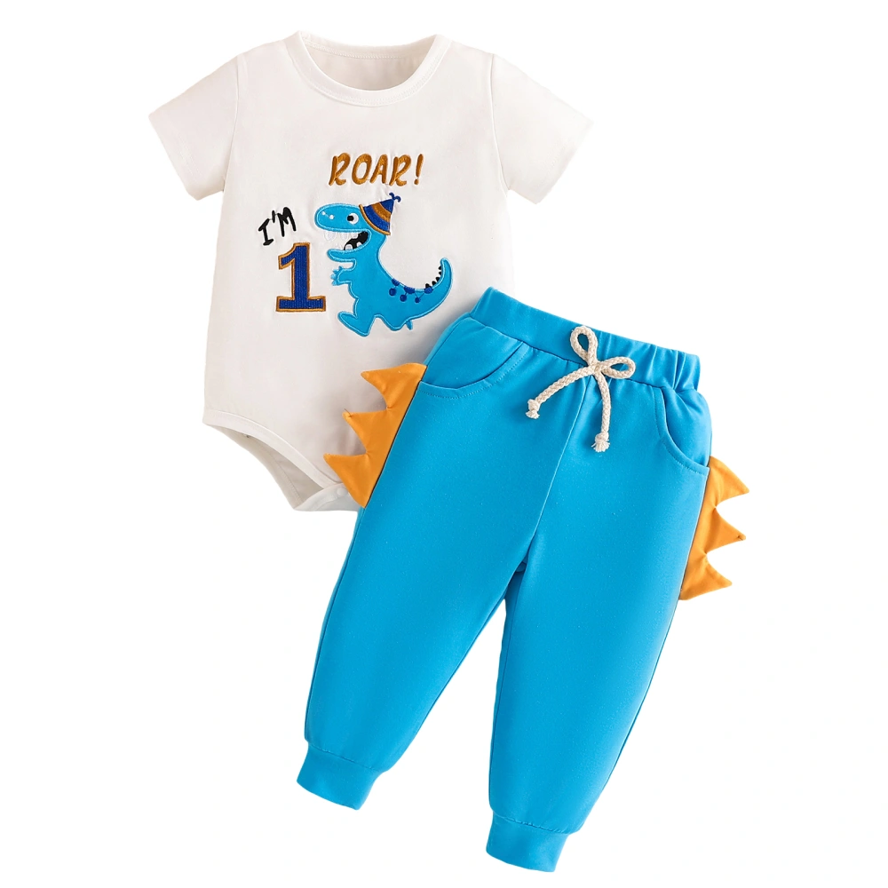  Baby Boy Girl Outfit, Dinosaur Embroidery Short Sleeve Romper Pants 