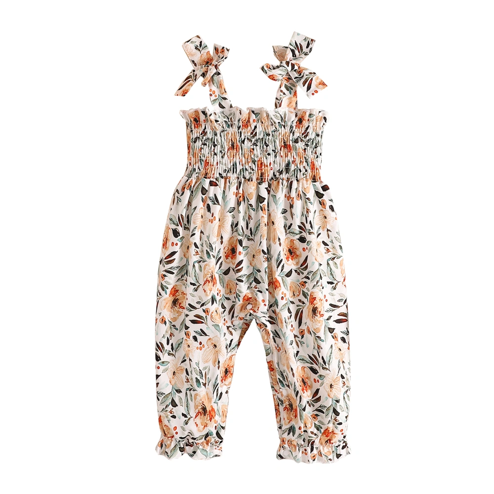 Baby Girls Jumpsuit, Sleeveless Tie-up Pleated Flower Print Romper