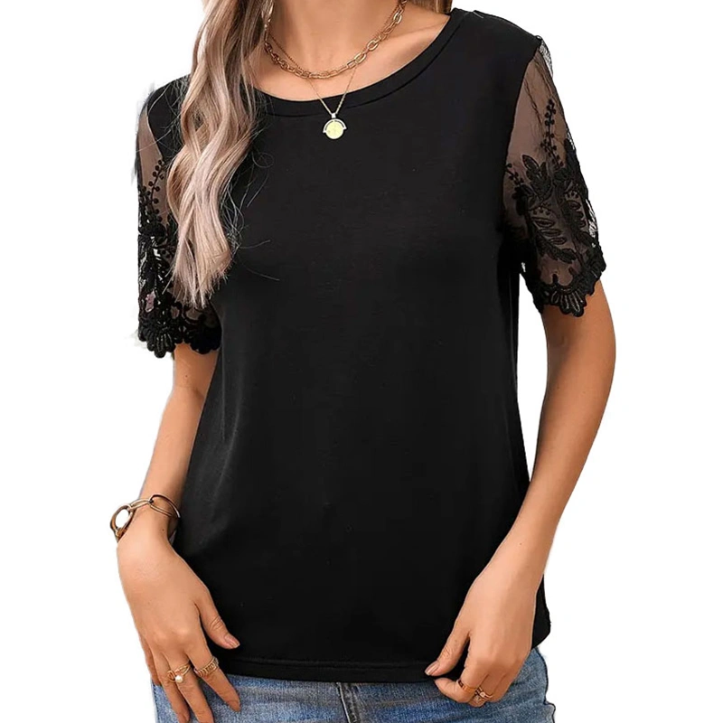 Women's Summer Tops Black Short Lace Floral Sleeves T-shirts