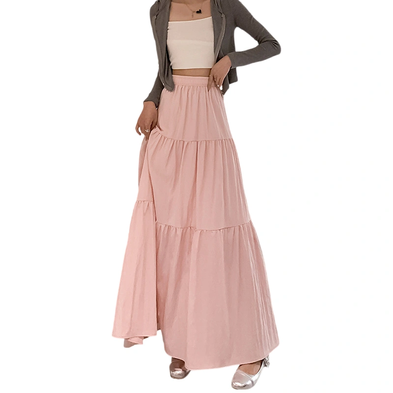 Women's Midi Skirt Elastic Waist Tiered A-Line Solid Color Cake Skirt 