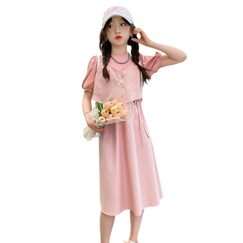 Kids Girls Dress Solid Color Fake Two-Pieces Buttons Casual Dress