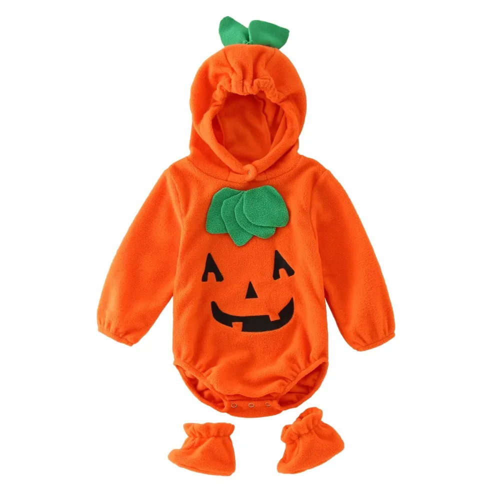 Baby Pumpkin Costume Romper Long Sleeve Hood Jumpsuit with Shoes