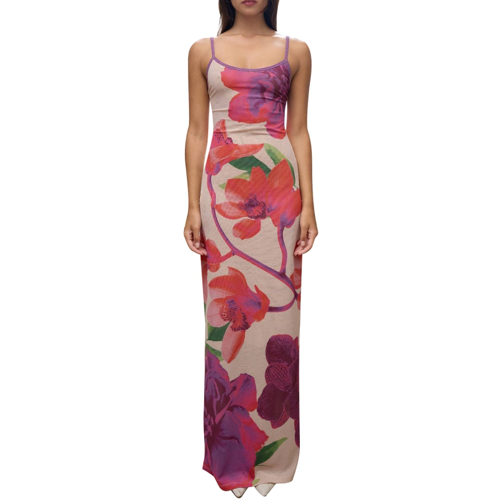 Women's Long Cami Dress Slim Flower Scoop Neck Spaghetti Strap Dress 