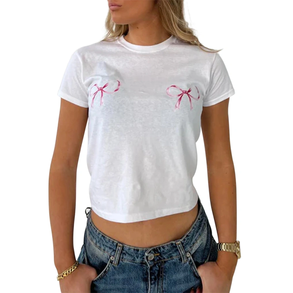 Women Short Sleeve T-Shirts Bowknot/Car/Letter Print Casual Shirts