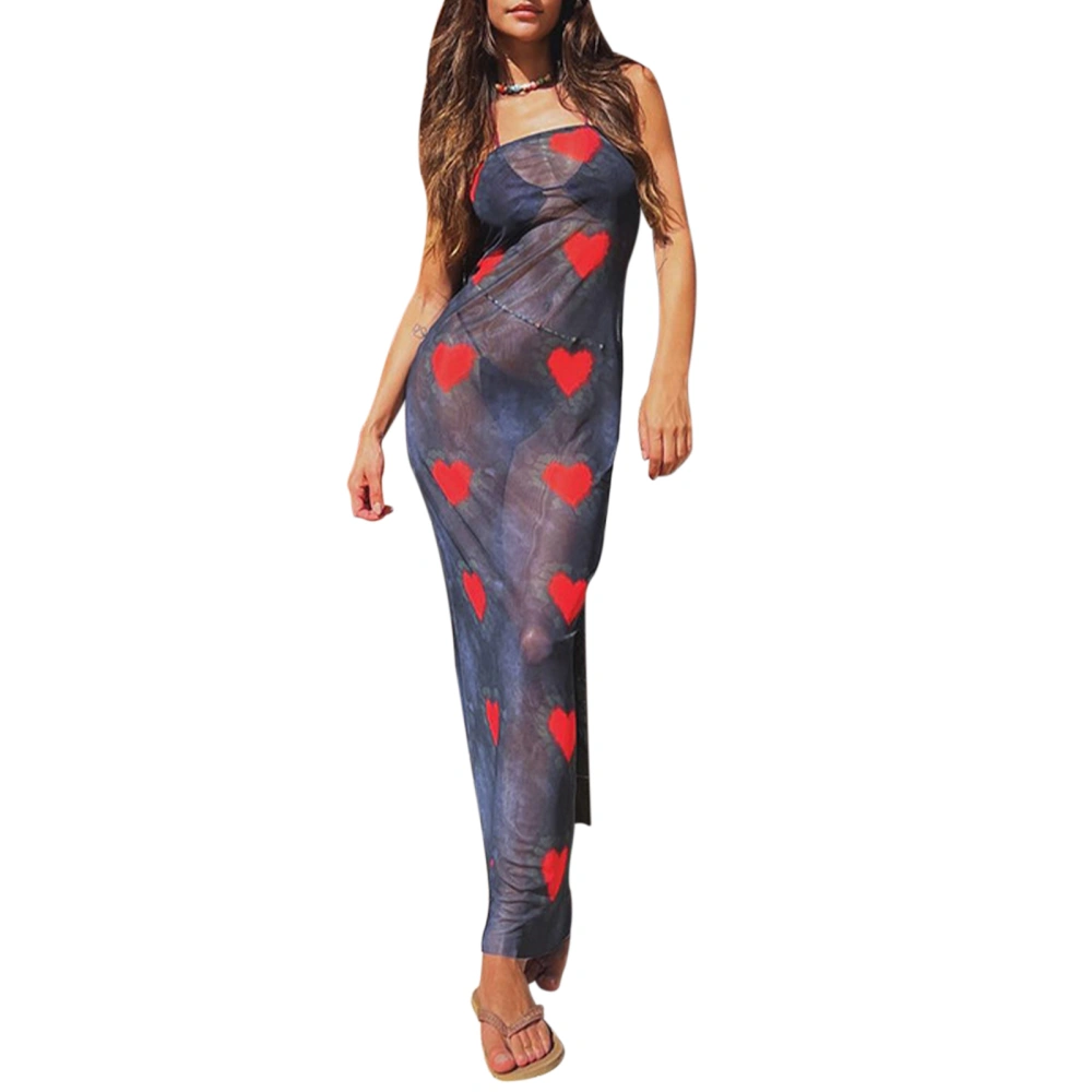 Women's Long Bodycon Dress Strapless Heart Print Mesh Tube Dress