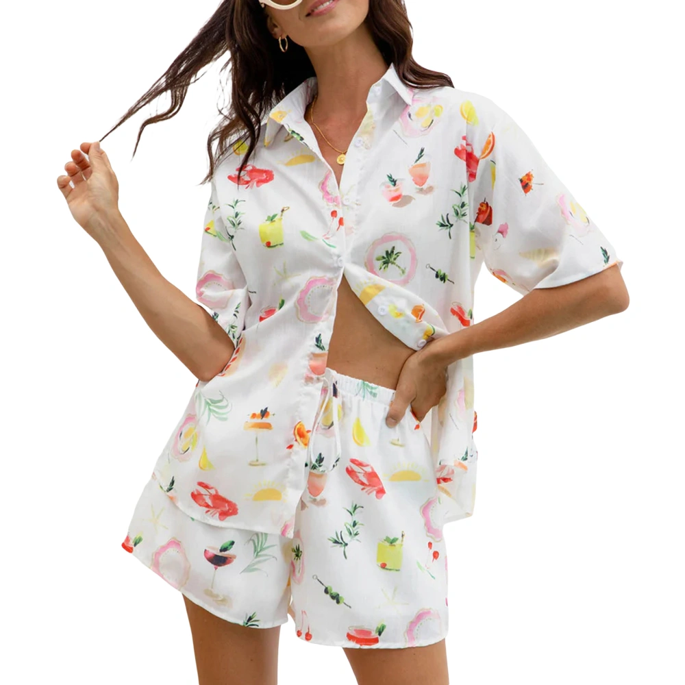 Women's Summer Outfits Fruit Short Sleeve Lapel Tops Shorts