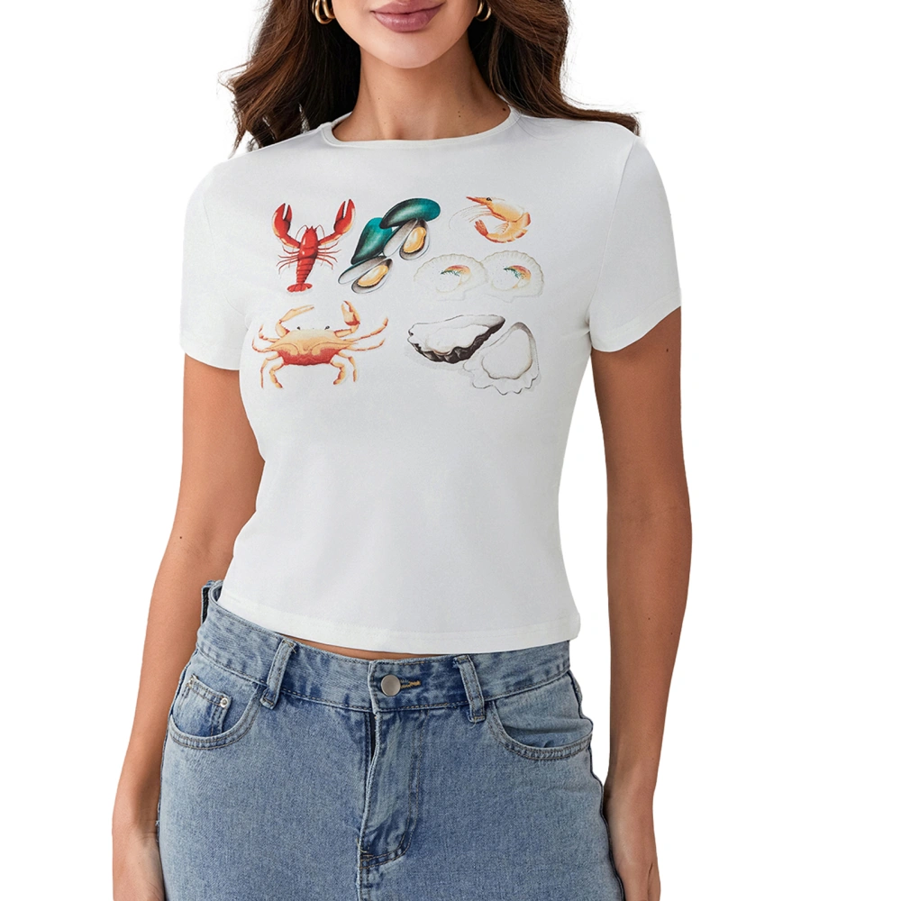 Women T-shirt, Crew Neck Short Sleeve Food Print Slim Fit Summer Tops