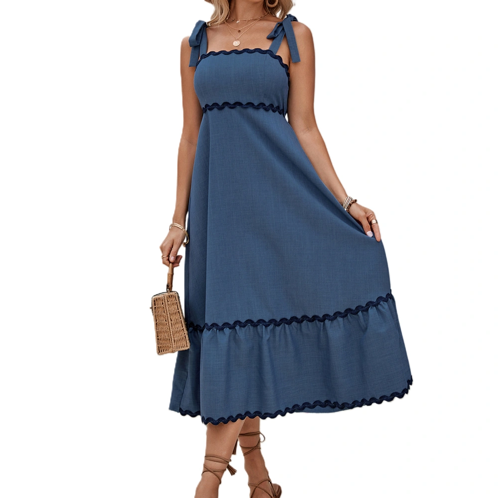 Women’s Tie Shoulder Dress Summer Sleeveless Wavy Trim A-Line Dress