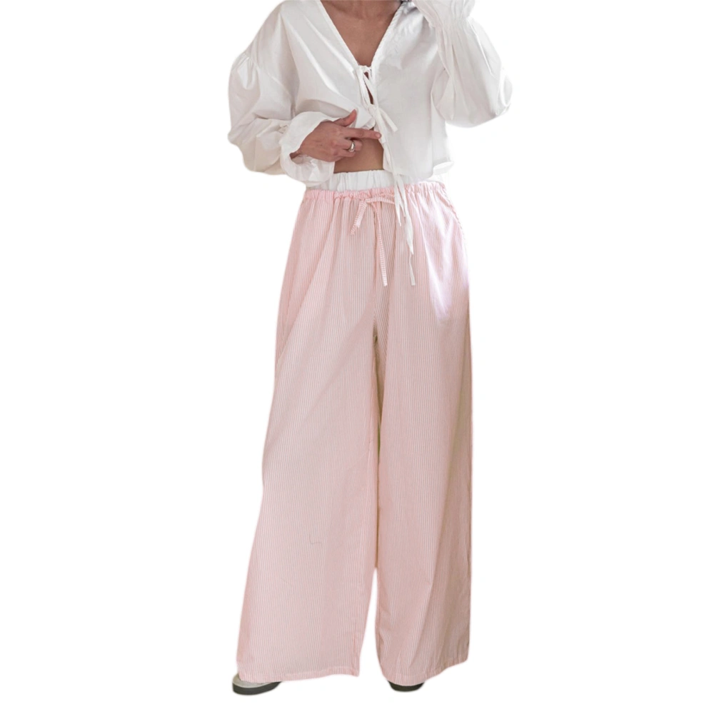 Women Loose Wide Leg Pants Stripe Print Elastic Trousers with Pockets