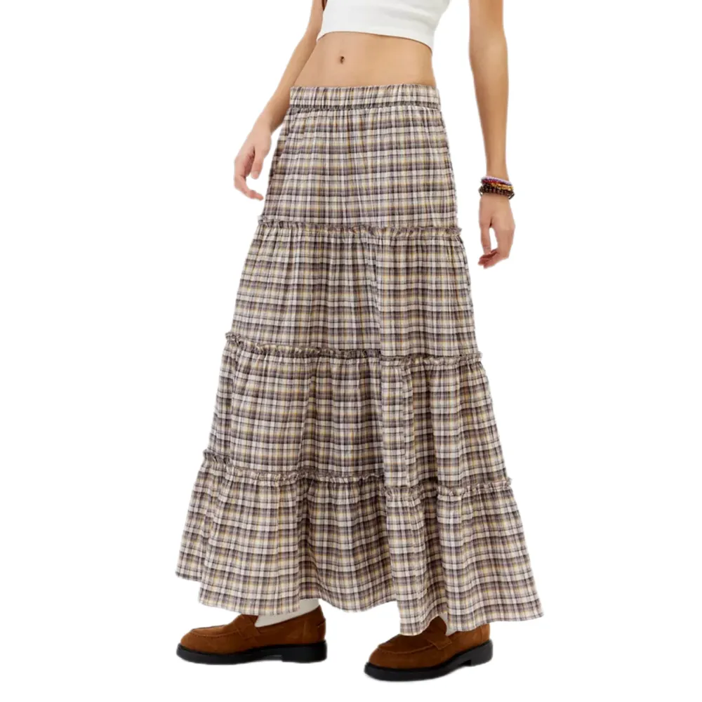 Women's Plaid Skirt Loose Elastic Waist Ruffled Tiered Long Skirt 