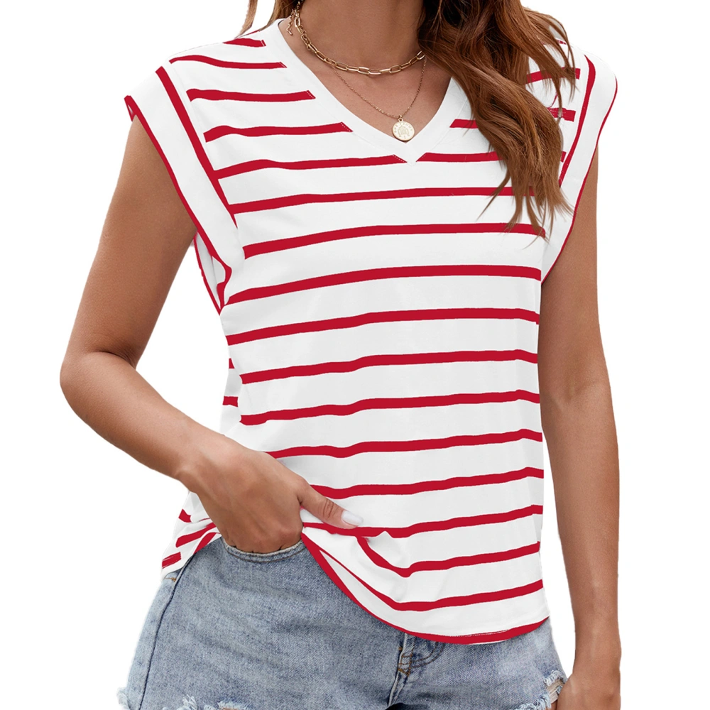 Women Short Sleeve T-Shirts Stripe V-Neck Shirts Loose Fit Tops