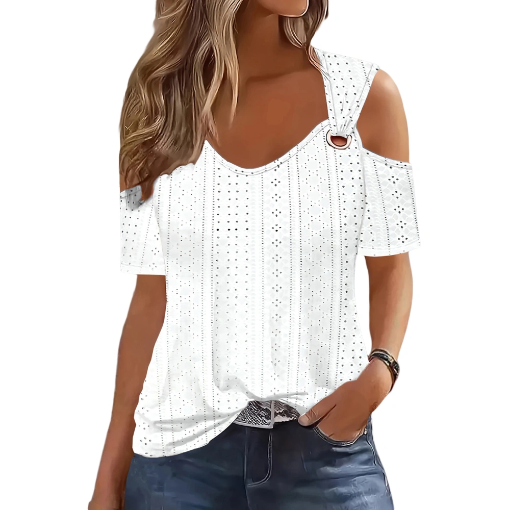 Women's Cold Shoulder Tops Slim Pointelle V Neck Short Sleeve Shirt 