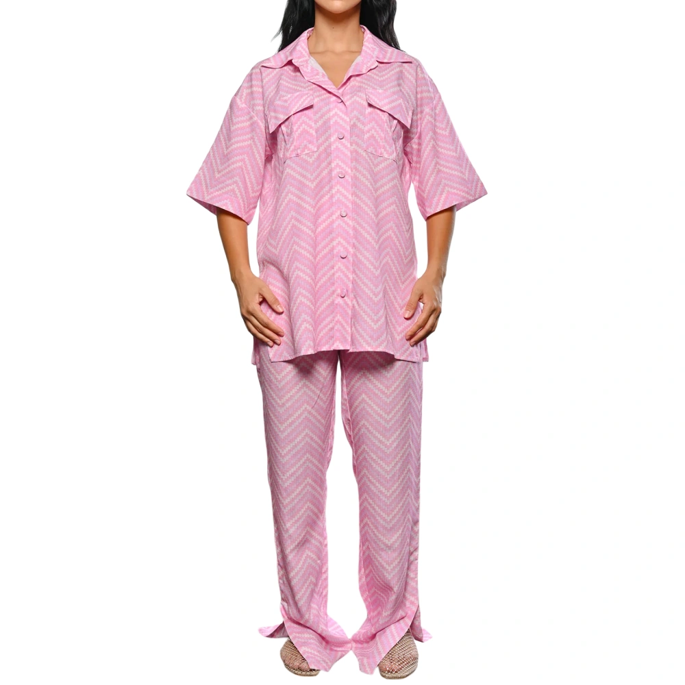 Women Summer Pjs Set Short Sleeves Button up Shirt and Split Pants