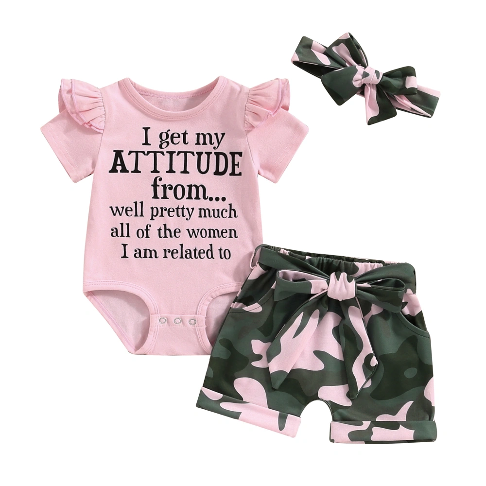 Baby Girl Summer Set, Short Sleeve Romper Camouflage Shorts Headband 