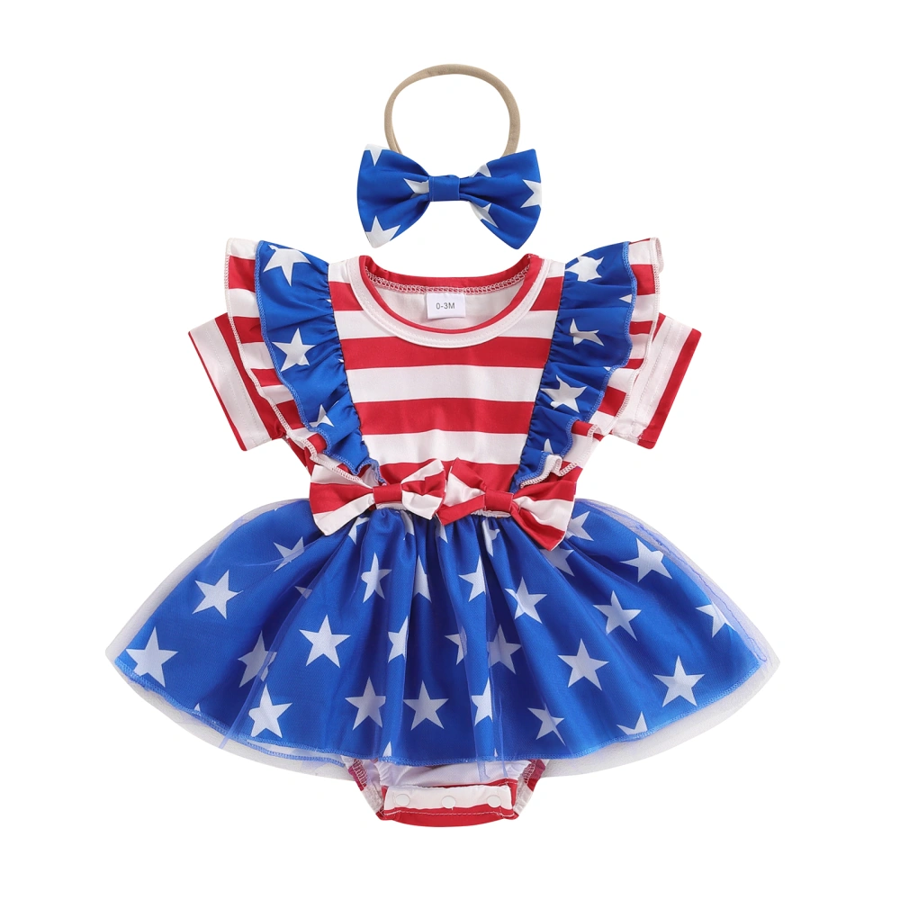 Baby Flying Sleeve Romper Dress Star Stripe Print Romper with Headband