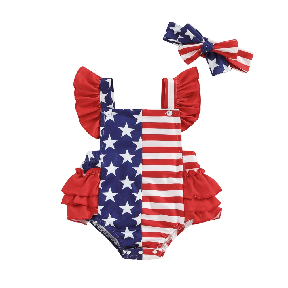 Girl 4th of July Outfits Stripe Print Fly Sleeves Romper with Headband