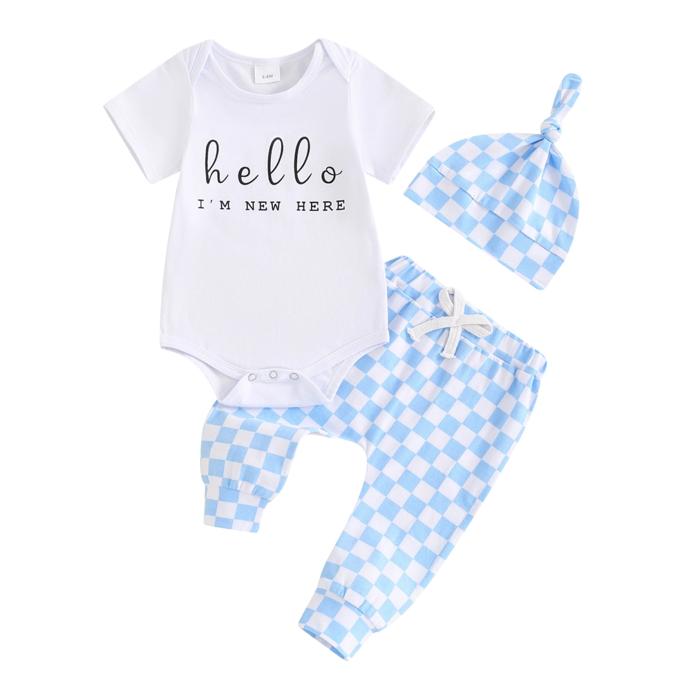 Baby Girl Boy Summer Set, Short Sleeve Romper Checkerboard Pants Hat