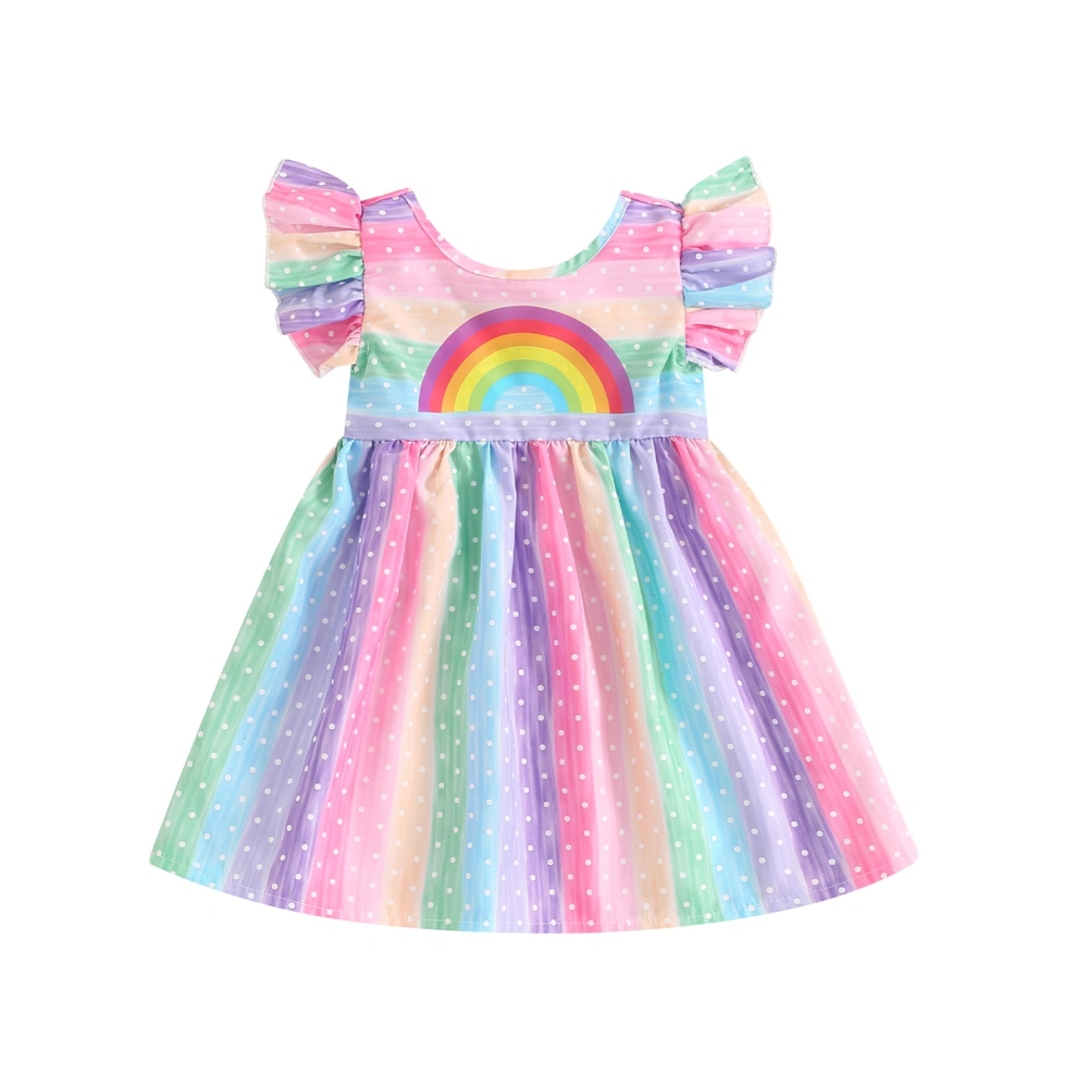 Little Girl Rainbow Dress Cute Dot Print Fly Sleeve Round Neck Dress 