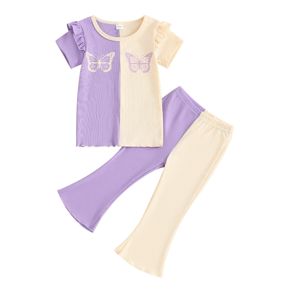 Girls Pants Set, Contrast Color Short Sleeve Butterfly T-shirt Pants