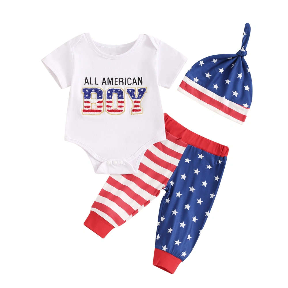 Little Boys 4th of July Outfit, Letter Embroidery Romper Pants Hat 