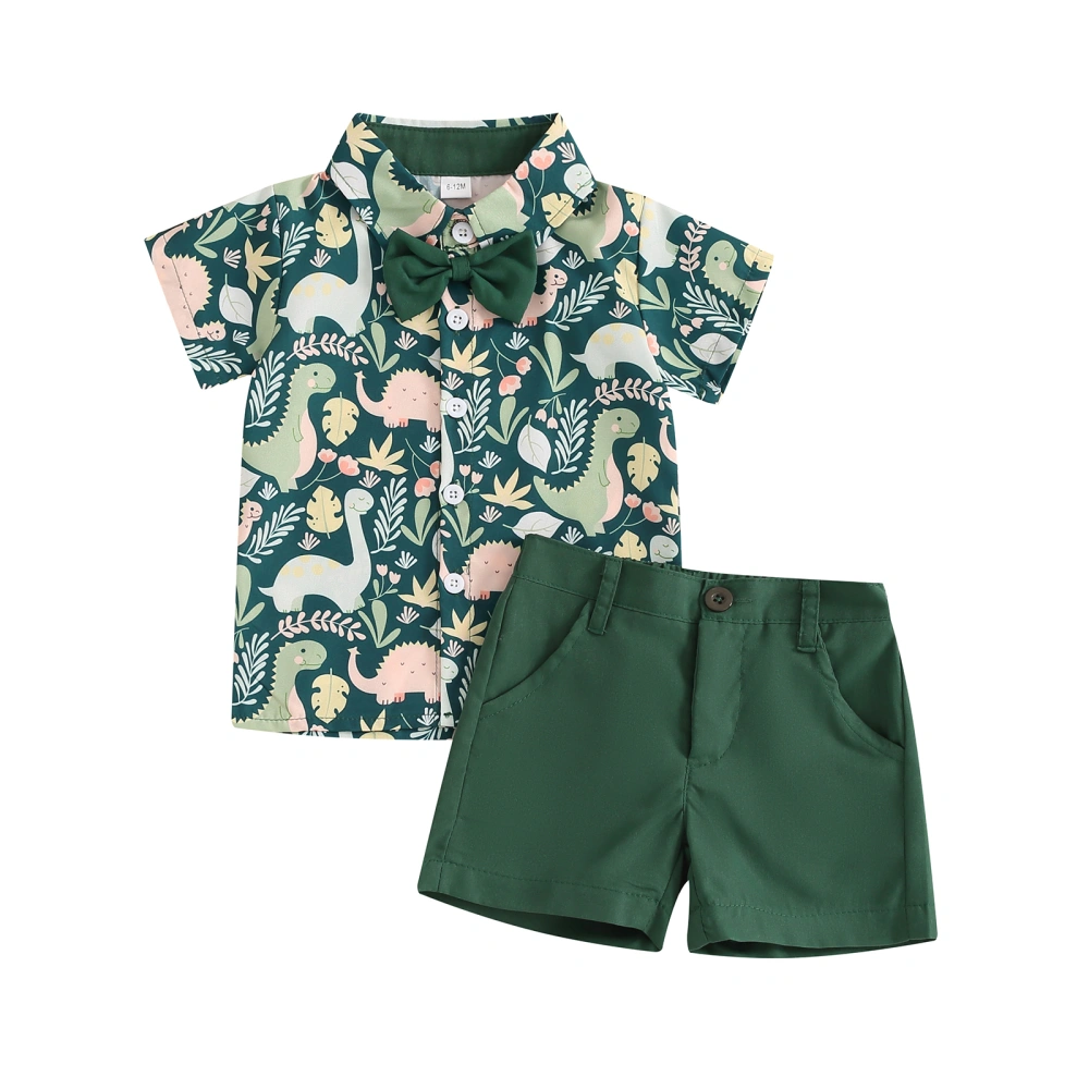 Boy Gentleman Outfit Dinosaur Button Shirt with Bow Tie and Shorts