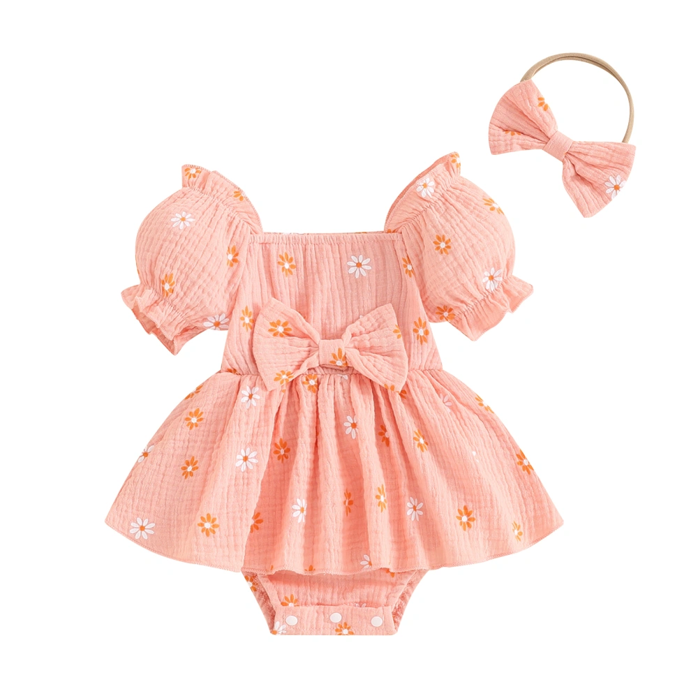 Baby Girl Summer Outfits Puff Sleeve Floral Bow Romper with Headband