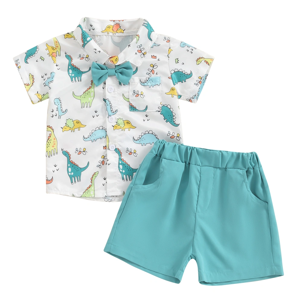 Boys Shorts Sets Dinosaur Print Button Up Tops and Solid Color Shorts