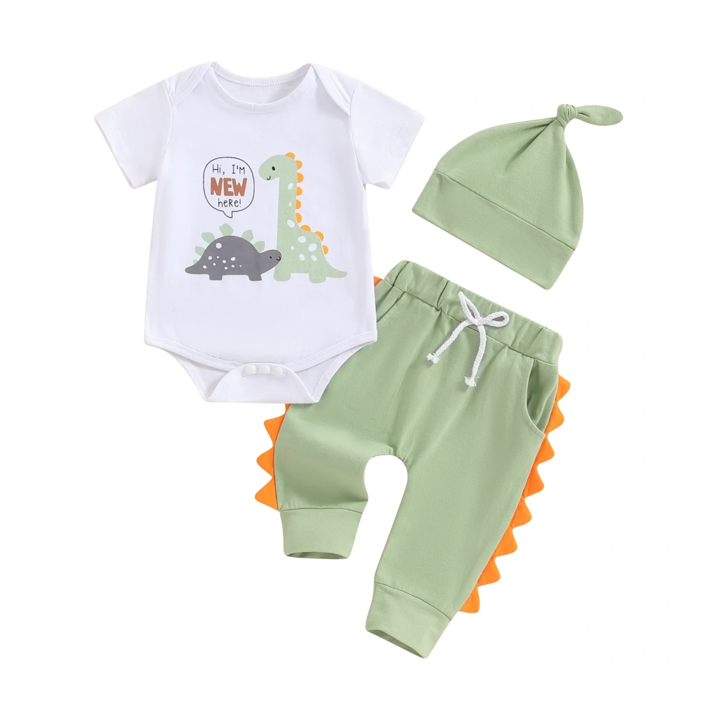 Baby Boy Summer Outfit Dinosaur Print Romper and Pants Hat Set