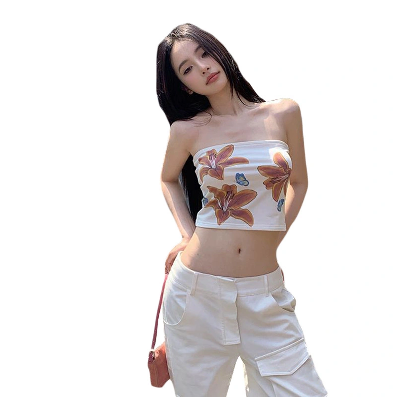 Women Crop Tube Tops Summer Floral Print Off-Shoulder Bandeau Vest 