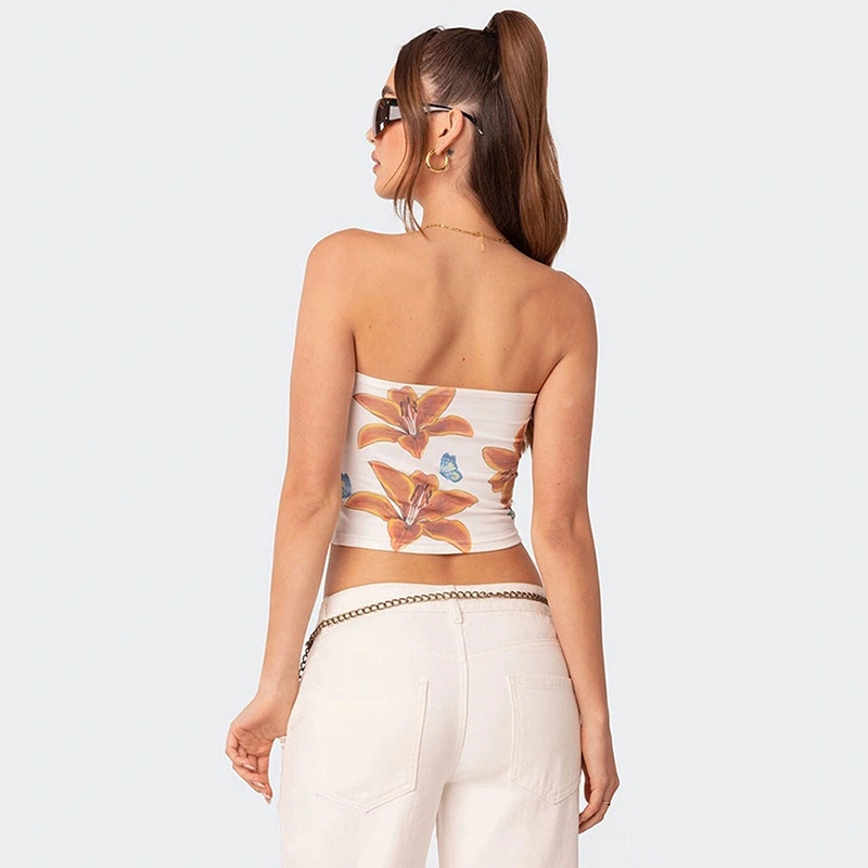 Women Crop Tube Tops Summer Floral Print Off-Shoulder Bandeau Vest 