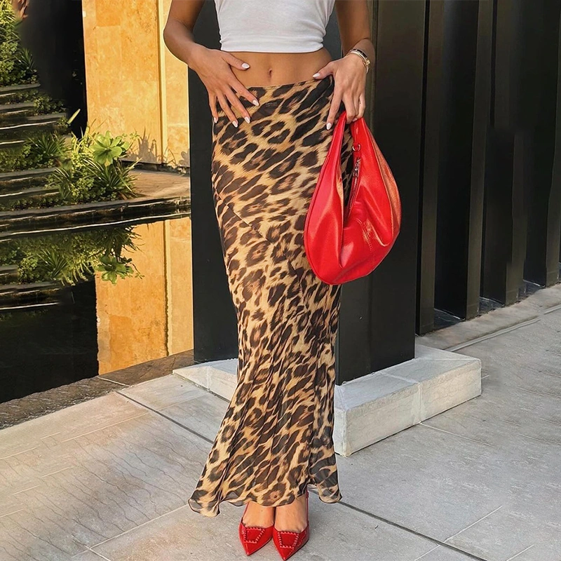 Women Summer Fishtail Skirt Casual Leopard Print Chiffon Long Skirt 