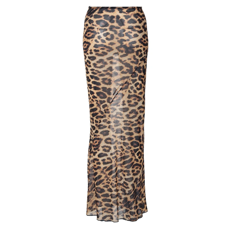 Women Summer Fishtail Skirt Casual Leopard Print Chiffon Long Skirt 