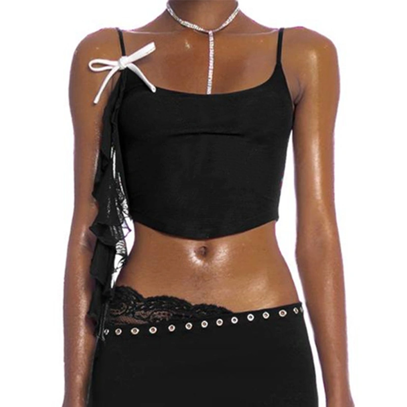 Women's Slim Camisole Spaghetti Strap Cropped Tops with Long Ribbon