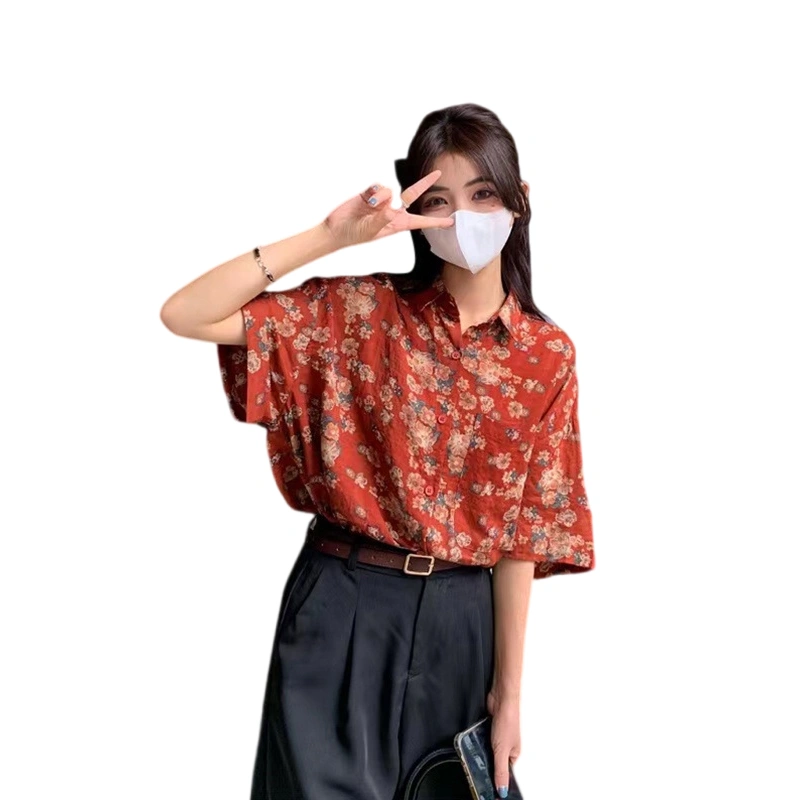 Women's Summer Loose Shirt Floral Print Short Sleeve Lapel Tops