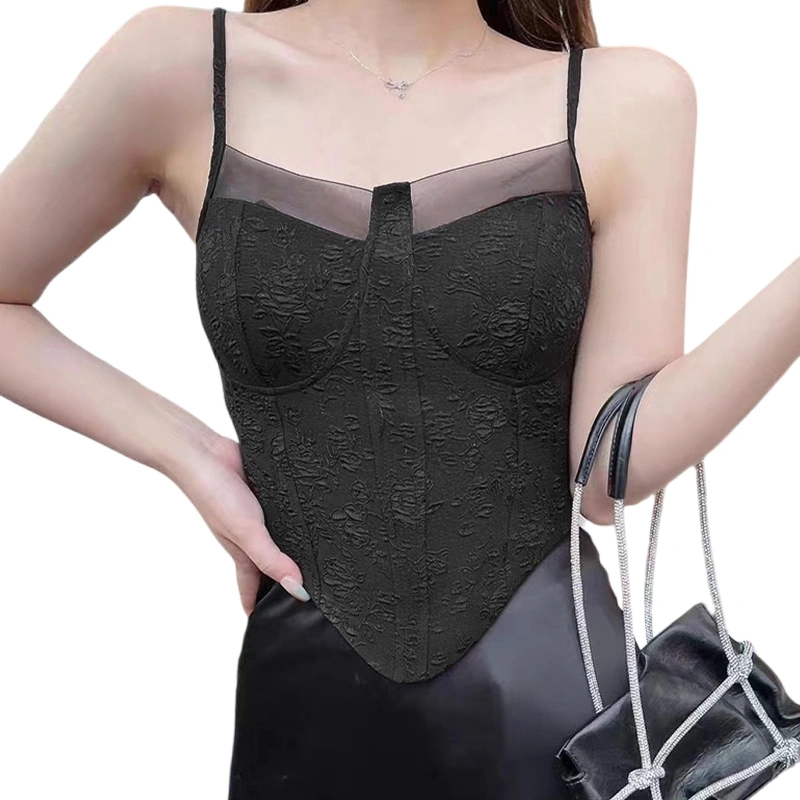 Women Mesh Crop Camisole V Neck Spaghetti Strap Jacquard Padded Tops 