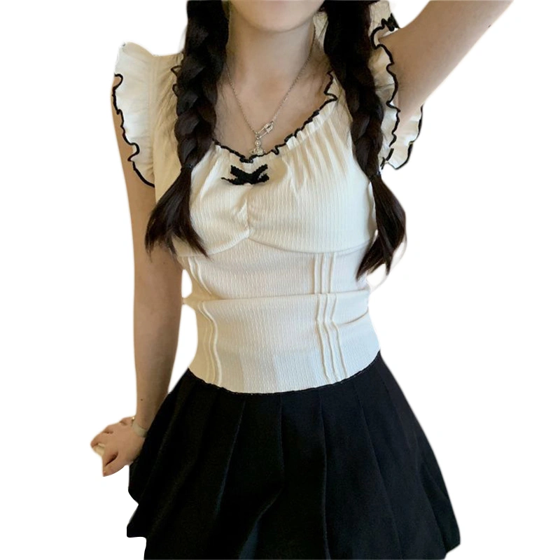 Women Crop Tops Patchwork Bowknot Embellished Fly Sleeve T-Shirts