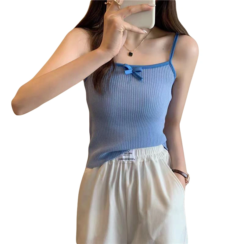 Women's Crop Camisole Slim Bow Spaghetti Strap Ribbed Knit Tops