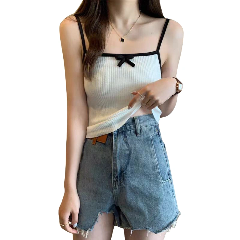 Women's Crop Camisole Slim Bow Spaghetti Strap Ribbed Knit Tops