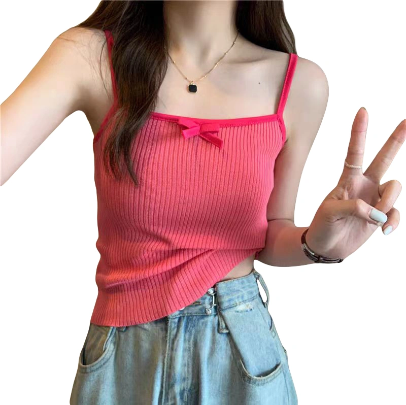 Women's Crop Camisole Slim Bow Spaghetti Strap Ribbed Knit Tops