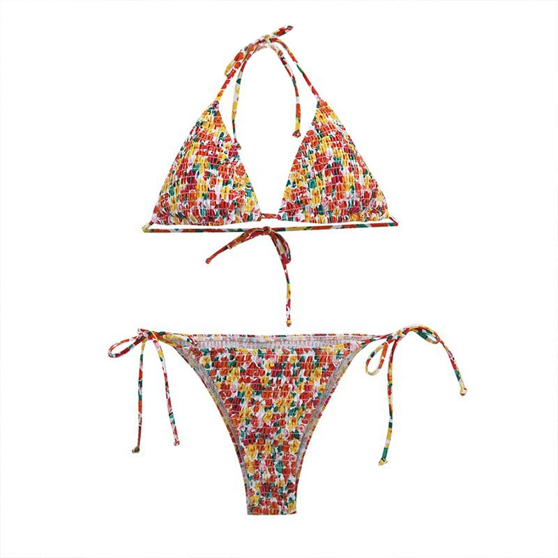 Women's Bikini Set, Floral Shirred Tie Up Bikini Tops Bikini Shorts 