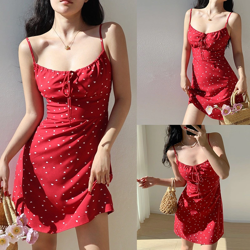 Women Mini Cami Dress Heart Print Tie-Up A-Line Spaghetti Strap Dress 