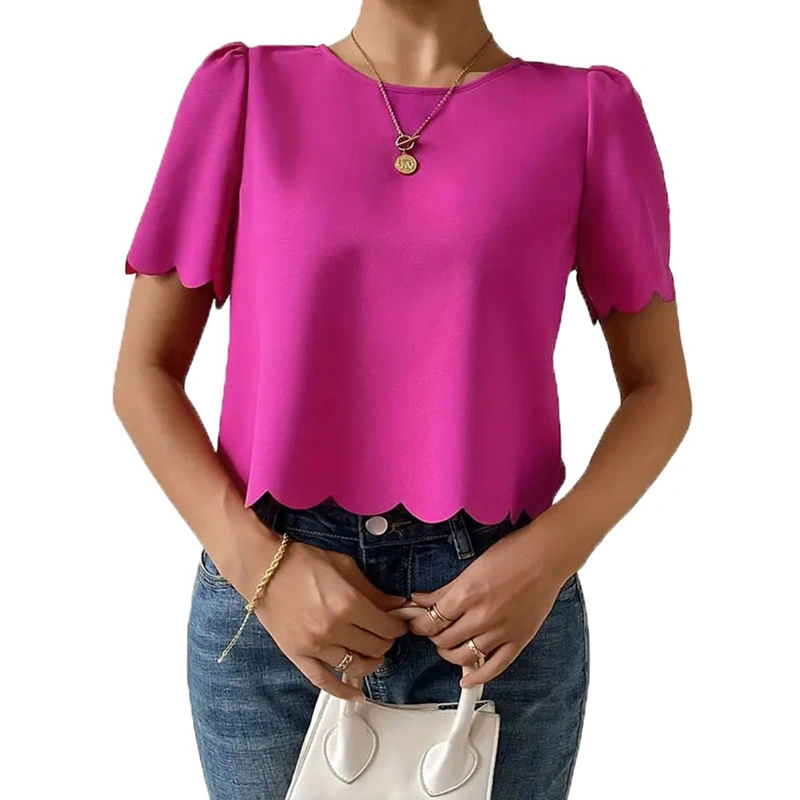 Women's Summer Tops Short Sleeve Round Neck Scallop Trim T-Shirts